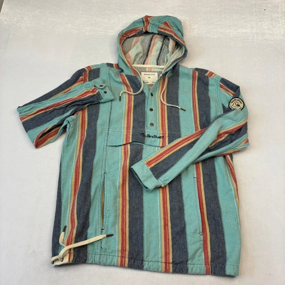 Quiksilver Baja Hoodie Men S Teal Blue Red Striped Pullover Anorak Surf Shirt